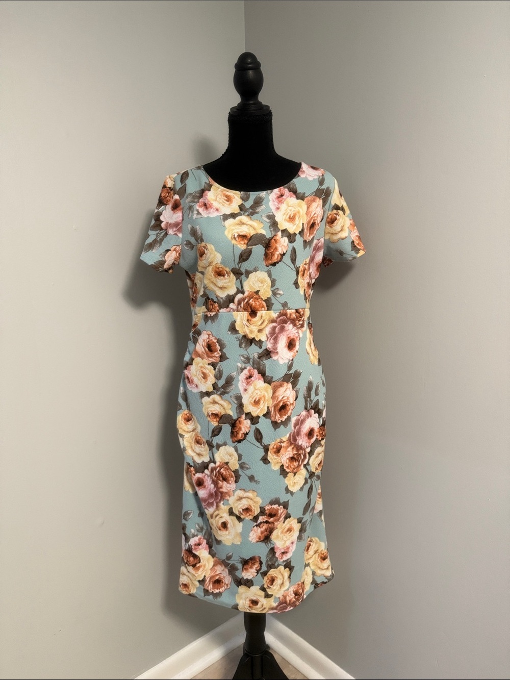 Pinkblush Floral Midi Dress in Light Blue with Pink & Cream Roses